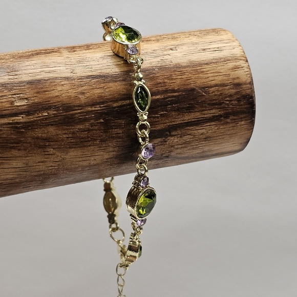 Vintage Style Green & Purple CZ Gold Tone Fashion Bracelet - Picture 2 of 11